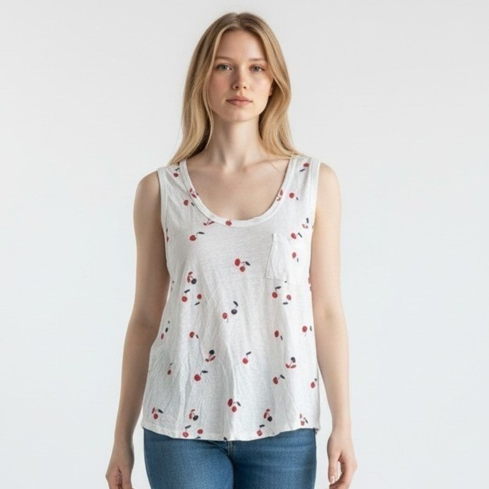 Rails White Cherry Print Linen Blend Scoop Neck Pocket Tank Top Medium